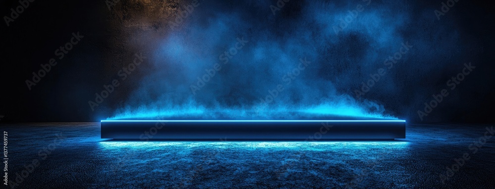 Poster abstract dark background, illuminated with blue light and fog on the asphalt floor. empty scene for 