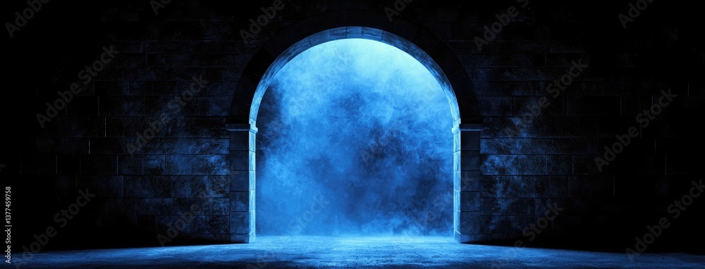 Poster abstract dark background, illuminated with blue light and fog on the asphalt floor. empty scene for 