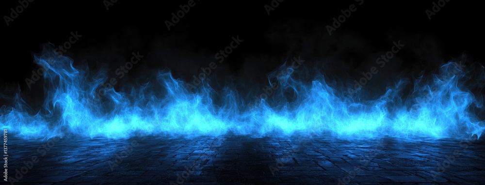 Poster abstract dark background, illuminated with blue light and fog on the asphalt floor. empty scene for 