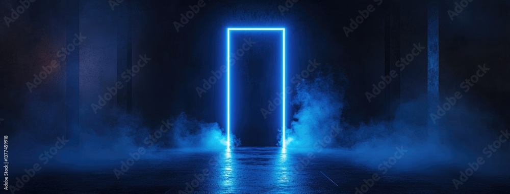 Poster Abstract dark background, illuminated with blue light and fog on the asphalt floor. Empty scene for product presentation