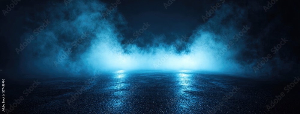 Poster abstract dark background, illuminated with blue light and fog on the asphalt floor. empty scene for 