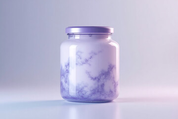 A glass jar with a metal lid of delicate lilac color for modern storage and cosmetology