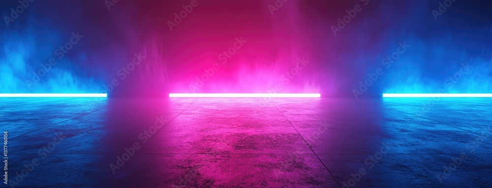 Poster abstract dark background, illuminated with blue light and fog on the asphalt floor. empty scene for 