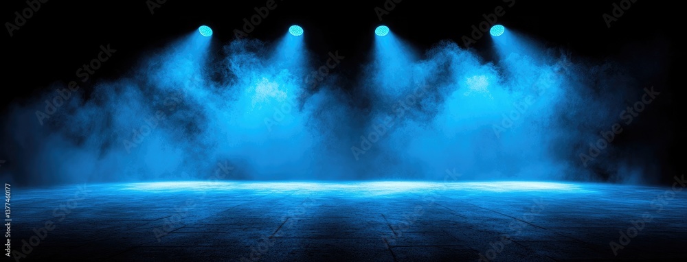 Poster abstract dark background, illuminated with blue light and fog on the asphalt floor. empty scene for 