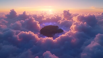Island Amidst Sunset Cloudscape Magical Glow