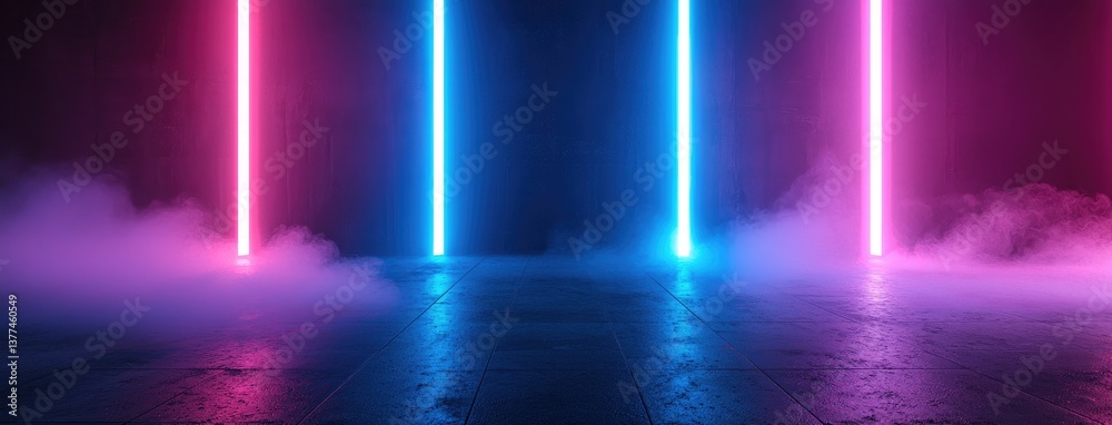 Aufkleber abstract dark background, illuminated with blue light and fog on the asphalt floor. empty scene for 