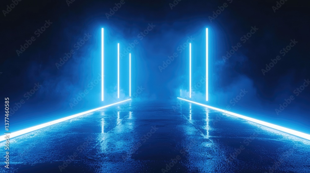 Poster abstract dark background, illuminated with blue light and fog on the asphalt floor. empty scene for 
