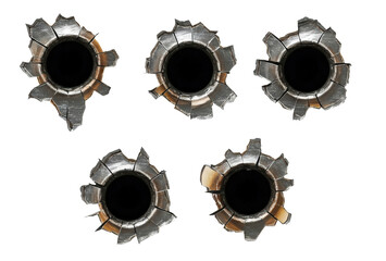 Collection set of metal steel bullet holes isolated on transparent or white background, PNG file, action movie, scene pack bundle
