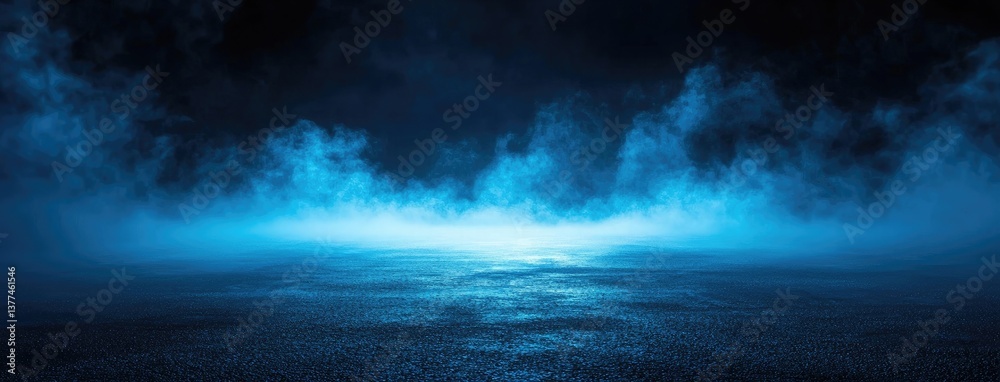 Poster Abstract dark background, illuminated with blue light and fog on the asphalt floor. Empty scene for product presentation