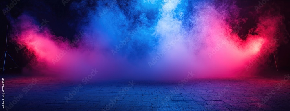 Poster abstract dark background, illuminated with blue light and fog on the asphalt floor. empty scene for 
