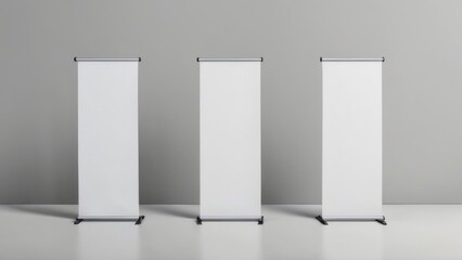 Modern Minimalistic Design: Three White Vertical Banners on Grey Floor in Triangular Formation