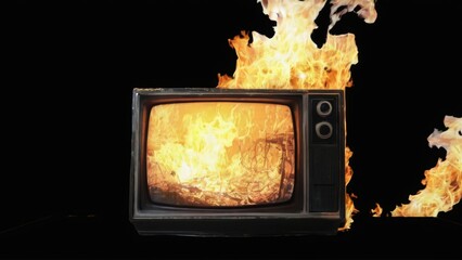 Vintage TV engulfed in fiery chaos on black background