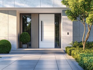 Modern house entrance with landscaped garden