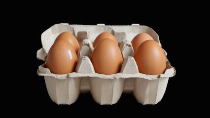 Six assorted eggs in cardboard carton on black background, varied sizes with speckled pattern, center largest, left side smallest.