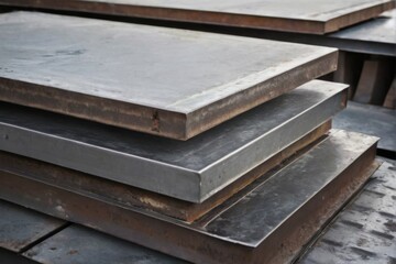 Industrial Stack of Rectangular Metal Plates with Rough Textured Surface in Warehouse Setting