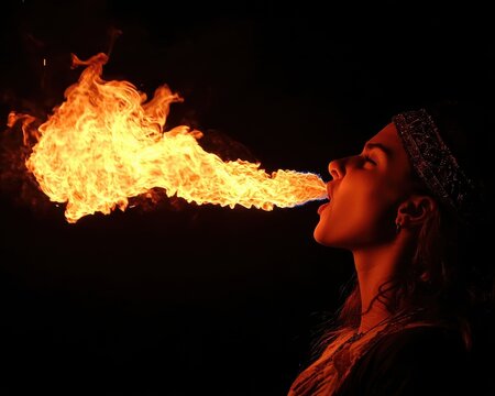 A woman with a vibrant expression holds a fire stick in her mouth, showcasing her daring spirit. The flames flicker around her, illuminating her face against a dark backdrop.