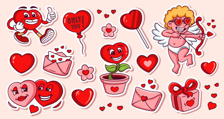 Valentines day cartoon stickers set. Groovy lovely hearts illustrations in pink and red colors. Funky happy heart characters in trendy retro cartoon style. Vector illustrations