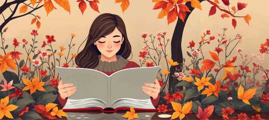 Water color style Spring Blooming Nature: Young Girl in Casual Clothes and reading a Book.	