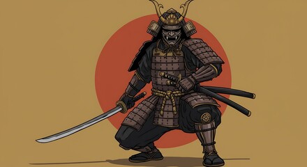 Traditional Samurai Warrior Against Sunset Circle Background