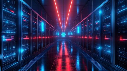 Fototapeta premium AI-Powered Futuristic Server Network and Data Center Depicting Advanced Cyberpunk Technology Concept