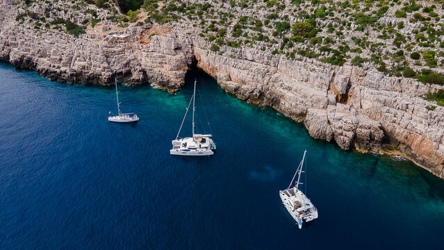 Sailboats Anchored Near Odyssey Cave on Mljet Island