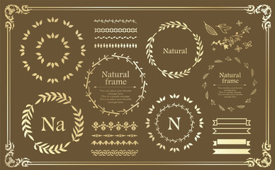 ナチュラルなフレーム、植物モチーフのデザイン素材のセット

