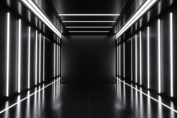 Futuristic hallway interior with vertical and horizontal light strips, modern graphic style, dark background, concept of minimal architecture. Ai generative