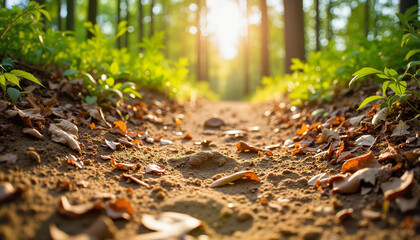 Sunlit Forest Path with Fallen Leaves in a Tranquil Setting  