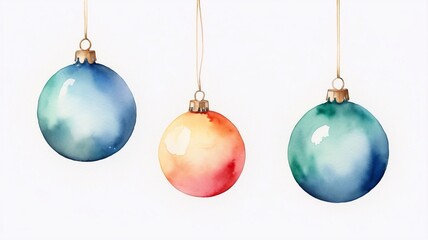 Multicolored Christmas tree balls hanging on thin threads. White background, watercolor shimmers, play of light and shadow. Minimalism, elegance