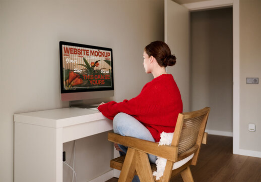 Young Person Working on a Computer at Home. PSd screen mockup
