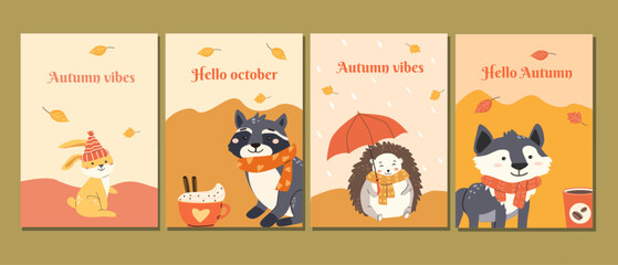 Cute forest animals in autumn theme with cozy vibes for october greetings. Fall posters design.