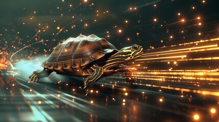 A dynamic artistic representation of a turtle racing through a field of shimmering golden lights, showcasing motion and energy.