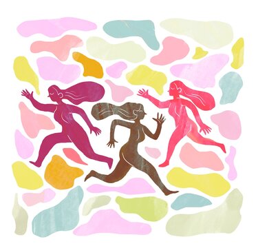 Running women over Abstract Pastel fluid background  