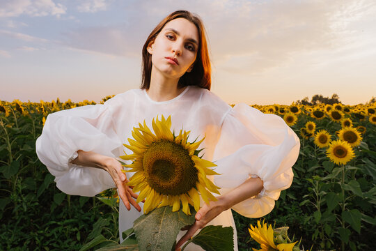A girl in a field holding a sunflower