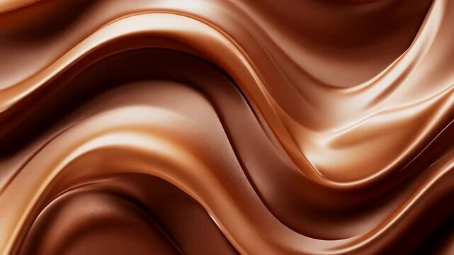 Glossy chocolate waves flowing, displaying rich brown curves with delicate rippling texture melting in slow motion cinematography