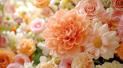 Stunning Peach and Cream Dahlias Roses and other Flowers in a Romantic Bouquet