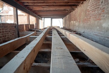 Obraz premium Interior of a building under construction, showing wooden beams and supports