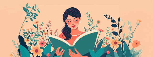 Water color style Spring Blooming Nature: Young Girl in Casual Clothes and reading a Book.	
