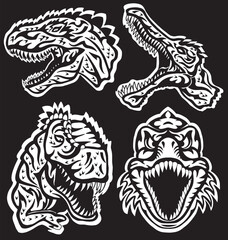 Design set with styled silhouettes of roaring dinosaur heads with fangs and open mouth for t-shirt, stickers, print. Vector illustration with dino monsters on black, vintage style