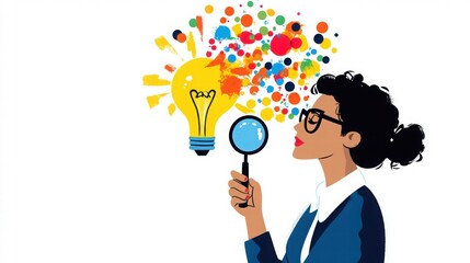 Creative Woman Holding Magnifying Glass with Light Bulb Concept
