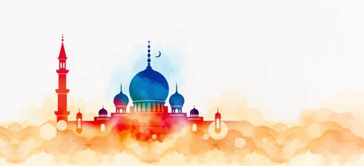 Naklejka premium Ramadan Kareem: Arabic Lantern with Crescent Moon, Glowing Candle, and Defocused Mosque at Sunset. 