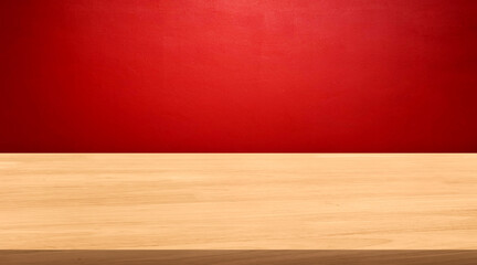 Empty wooden table on red wall background.