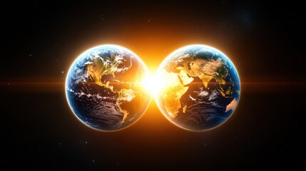 Two Glowing Earths Connected in Space, Bright Light, Cosmic Background