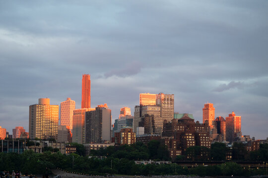 Brooklyn New York buildings view in orange sunset sunlight