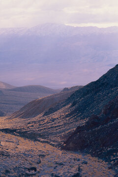 Winter snowstorm crossing Panamint Valley view from Towne Pass