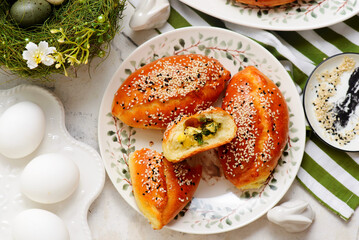 Easter pies with green onions and eggs..traditional easter pastries.