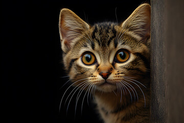 A playful cat with wide, curious eyes peeks out from behind a wall, its ears perked up and whiskers twitching, exuding a sense of curiosity and mischief