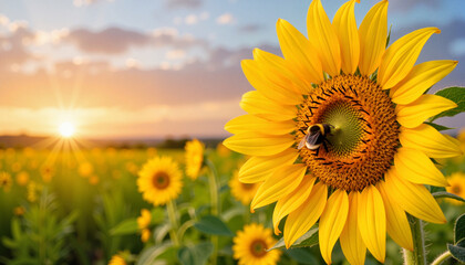 Fototapeta premium Sunflower blooming with bee against sunset background 