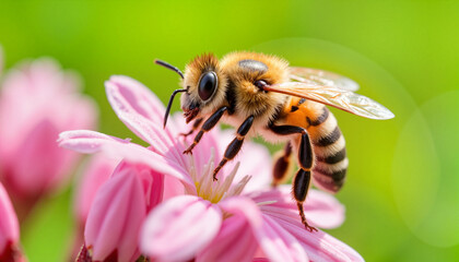 Bee pollinating pink flower against a lush green background  