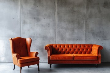 Rustic, modern living room with a leather orange sofa and armchair against a concrete wall